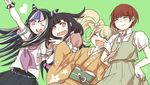  ^_^ black_hair blonde_hair bow brown_eyes closed_eyes danganronpa dennbadennba0105 freckles hair_bow hands_on_hips heart japanese_clothes kimono koizumi_mahiru mioda_ibuki mole mole_under_eye multicolored_hair multiple_girls necktie one_eye_closed open_mouth pink_eyes red_hair saionji_hiyoko school_uniform serafuku smile super_danganronpa_2 tsumiki_mikan twintails wavy_mouth 