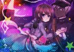  1girl a_(shiei_no_sona-nyl) asazuke25 blue_dress blue_eyes brown_hair dark_skin dress expressionless frills gloves hat highres holding_hands lily_(shiei_no_sona-nyl) looking_back purple_background red_eyes shiei_no_sona-nyl short_hair star steampunk_(liarsoft) uniform white_hair 