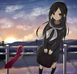  bag bangs black_hair black_serafuku brown_eyes daluto_(hitomi555) hair_ornament hairclip kagerou_project kneehighs long_hair power_lines railing red_scarf scarf scarf_removed school_bag school_uniform serafuku solo sunset swept_bangs tateyama_ayano 