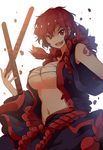  alternate_costume breasts budget_sarashi drumsticks fang horikawa_raiko japanese_clothes large_breasts messy_hair navel open_clothes open_mouth open_shirt red_eyes red_hair rope sarashi shirt short_hair simple_background smile solo touhou underboob white_background yetworldview_kaze 