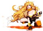  :p bad_id bad_pixiv_id belt black_gloves blonde_hair boots breasts cleavage fighting_stance fingerless_gloves full_body gloves jacket large_breasts long_hair purple_eyes rwby short_sleeves shorts smile solo thighhighs tongue tongue_out uguisu_(ryu) white_background yang_xiao_long 