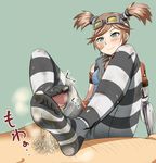  1girl bandaid blush borderlands borderlands_2 brown_hair feet footjob gaige goggles green_eyes mechanical_arm no_shoes pantyhose penis phb red_hair smell smile smirk soles striped striped_legwear toes twintails uncensored 