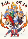  6+boys alternate_hairstyle bandages blue_hair boota cape crossed_arms grin hair_over_one_eye highres kamina kamina_shades lagann male_focus mecha multiple_boys multiple_persona outstretched_arms paint_can paintbrush painting pointing red_eyes shirtless simon smile sunglasses supinosu tattoo tengen_toppa_gurren_lagann tengen_toppa_gurren_lagann:_parallel_works trim_brush younger 