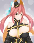  animal_ears anza_tomo bare_shoulders breast_slip breasts brown_eyes fate/extra fate_(series) fox_ears hair_ribbon hat large_breasts long_hair nipples one_breast_out pink_hair ribbon smile solo tamamo_(fate)_(all) tamamo_no_mae_(fate) twintails 