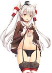 amatsukaze_(kantai_collection) black_panties blush breasts dress garter_straps gloves kantai_collection long_hair looking_at_viewer navel onaka_sukisuki open_clothes open_shirt panties red_legwear sailor_dress shirt shirt_lift side-tie_panties silver_hair simple_background single_glove small_breasts smile solo striped striped_legwear thighhighs two_side_up underboob underwear white_background 