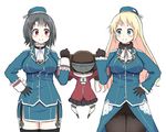  &gt;:) atago_(kantai_collection) black_hair blonde_hair captured_alien chibi hand_on_hip kantai_collection kurono_nekomaru multiple_girls pantyhose red_eyes ryuujou_(kantai_collection) simple_background smile takao_(kantai_collection) thighhighs twintails v-shaped_eyebrows white_background 