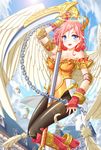  absurdres angel blue_eyes breasts chain cleavage da-mii day feathers highres large_breasts original pink_hair scythe sky smile solo wings 