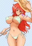  1girl areolae bikini blush breasts cameltoe curvy erect_nipples female hat highres large_breasts lion_(abc3639) long_hair nami nami_(one_piece) navel one_piece rai_on_(abc3639) red_eyes red_hair smile solo staff standing swimsuit tattoo thigh_gap wavy_hair 