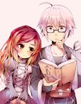  1girl ahoge bad_id bad_pixiv_id book bridal_gauntlets chin_stroking choker collarbone couple cross-laced_clothes glasses gradient_hair height_difference hetero hijiri_byakuren holding holding_book leaning_on_person light_smile long_hair long_sleeves morichika_rinnosuke multicolored_hair pouch reading short_hair silver_hair simple_background touhou wide_sleeves yellow_eyes yuichiitan 