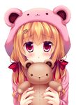  bear bear_hood blonde_hair blush bow hair_ribbon highres mizuki_yuuma original purple_eyes ribbon stuffed_animal stuffed_toy teddy_bear teddy_bear_hair_ornament twintails 