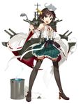  :o animal animal_on_head bad_food bare_shoulders blue_eyes brown_hair cat cat_on_head detached_sleeves hairband headgear hiei_(kantai_collection) japanese_clothes kantai_collection karei ladle nontraditional_miko on_head open_mouth pot sarashi short_hair skirt smile solo thighhighs v-shaped_eyebrows 