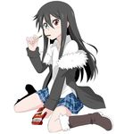  bellezza_felutia black_hair blue_eyes boots crossdressing felutiahime food fur fur_boots heterochromia jacket long_hair original otoko_no_ko pocky red_eyes self_upload shirt skirt ugg_boots 