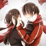  1girl black_hair closed_eyes couple fringe_trim hayuru hetero highres kagerou_project kisaragi_shintarou long_hair red_scarf scarf school_uniform serafuku shared_scarf short_hair smile tateyama_ayano tears 