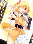  blonde_hair hazuki_natsu idol kagerou_project kisaragi_momo long_hair microphone one_eye_closed pointing red_eyes side_ponytail smile solo 