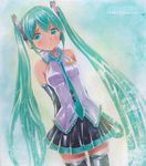  arms_behind_back artist_name detached_sleeves green_eyes green_hair hatsune_miku headset long_hair marker_(medium) mayo_riyo necktie skirt solo thighhighs traditional_media twintails very_long_hair vocaloid 