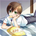  angel_beats! bed brown_hair chips eating food green_eyes lying male_focus nakamura_hinato on_stomach ooyama_(angel_beats!) potato_chips school_uniform solo 