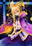  artist_name belt blonde_hair bracelet cape dated earmuffs highres jewelry mosho orange_eyes pointy_hair ritual_baton short_hair smile touhou toyosatomimi_no_miko traditional_media watercolor_(medium) 