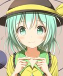  blush bow green_eyes green_hair hat hat_bow komeiji_koishi kuroganeruto looking_at_viewer short_hair solo third_eye touhou 
