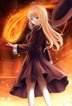  blonde_hair blue_eyes breasts dress duel_monster fire fire_sorcerer from_behind hat hat_removed headwear_removed highres long_hair looking_at_viewer medium_breasts megimegyo solo yuu-gi-ou 