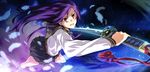  feathers g_yuusuke game_cg katana light long_hair purple_hair red_eyes seifuku sera_mizuki sousyu_sensinkan-gakuen_hachimyoujin sword weapon 
