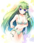  bikini blue_eyes blush breasts cleavage frog_hair_ornament green_hair hair_ornament hair_tubes highres holding kochiya_sanae long_hair medium_breasts miyase_mahiro side-tie_bikini smile snake_hair_ornament solo striped striped_bikini swimsuit touhou tying 