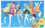  4girls ahoge alternate_costume anklet aqua_hair arm_warmers barefoot belt blonde_hair blue_eyes blue_hair bow bracelet brown_hair capri_pants closed_eyes flower food fruit green_scarf hair_bow hairband hat hat_bow hatsune_miku holding_hands jewelry jumping kagamine_len kagamine_rin kaito long_hair megurine_luka meiko midriff multiple_boys multiple_girls nail_polish navel pants pink_hair red_eyes scarf short_hair short_ponytail smile striped striped_background twintails vertical-striped_background vertical_stripes vocaloid watermelon yoshiki 