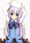  angora_rabbit animal animal_on_head arms_up blue_eyes blush bunny bunny_on_head gochuumon_wa_usagi_desu_ka? hair_ornament hairclip kafuu_chino long_hair long_sleeves looking_at_viewer on_head polka_dot polka_dot_background purple_eyes rabbit_house_uniform silver_hair syroh tippy_(gochiusa) x_hair_ornament 