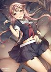  ascot bangs black_legwear fingerless_gloves fingernails gloves hair_flaps hair_ornament hair_ribbon hairclip highres kantai_collection kneehighs long_hair looking_at_viewer mizuta_kenji navel open_mouth pink_hair pleated_skirt red_eyes remodel_(kantai_collection) ribbon saliva school_uniform serafuku skirt solo twitter_username very_long_hair yuudachi_(kantai_collection) 