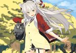  :d alternate_costume amatsukaze_(kantai_collection) animal_ears bag blush bunny_ears cardigan fang gloves iwasaki_takashi jacket kantai_collection long_hair multiple_girls necktie open_mouth out_of_frame rensouhou-kun school_uniform shimakaze_(kantai_collection) silver_hair single_glove skirt smile turret two_side_up v-shaped_eyebrows yellow_eyes 