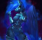  anthro anthrofied armor atryl blue_eyes blue_fur blue_hair blue_theme chest_plate chest_tuft choker clothed clothing ear_piercing equine feathers female friendship_is_magic fur hair half-closed_eyes horn long_hair looking_at_viewer mammal my_little_pony piercing princess_luna_(mlp) simple_background skimpy solo tuft winged_unicorn wings wrist_guard 
