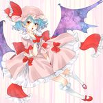  bat_wings blue_hair frilled_legwear hat highres kneehighs looking_at_viewer mary_janes meiji_(charisma_serve) open_mouth orange_eyes remilia_scarlet shoes short_hair solo touhou wings wrist_cuffs 