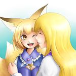  :d ;d animal_ears blonde_hair face_licking fang food food_on_face fox_ears fox_tail holding holding_food licking long_hair multiple_girls multiple_tails no_hat no_headwear one_eye_closed open_mouth short_hair smile tail touhou ura_(05131) yakumo_ran yakumo_yukari yellow_eyes 