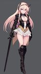  adapted_uniform armor armored_boots bikini bird_tail black_bikini black_footwear blonde_hair blue_eyes blush boots breasts cleavage full_body gauntlets gloves greaves grey_background hanna-justina_marseille head_wings headband high_heel_boots high_heels large_breasts long_hair looking_at_viewer null_(nyanpyoun) pink_hair side-tie_bikini simple_background skirt solo standing strike_witches swimsuit sword tail weapon world_witches_series 