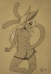  anthro anus back cat clothed clothing eeveelution espeon feline female fluff-kevlar hair kneeling long_hair looking_at_viewer looking_back mammal monochrome nintendo nude panties pok&#233;mon pok&#233;morph pok&eacute;mon pok&eacute;morph pussy skimpy smile split_tail split_tails topless underwear undressing video_games 