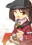  ;d brown_hair dress_shirt food foreshortening hota kantai_collection looking_at_viewer magatama one_eye_closed open_mouth orange_eyes ryuujou_(kantai_collection) shirt sitting smile solo takoyaki twintails visor_cap 