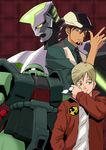  2boys bernard_wiseman blonde_hair brown_eyes crossover green_eyes gundam gundam_0080 hat highres kaburagi_t_kotetsu mecha multiple_boys nk2903 power_armor tiger_&amp;_bunny wild_tiger zaku zaku_ii zaku_ii_fz_kai 