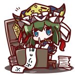  blue_eyes book chair chibi desk green_hair hat highres nuu_(nu-nyu) open_mouth papers pen rod_of_remorse scroll shelf shiki_eiki short_hair simple_background solo touhou translation_request white_background 