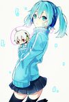  1girl blue_eyes blue_hair character_doll daluto_(hitomi555) ene_(kagerou_project) headphones jacket kagerou_project konoha_(kagerou_project) long_hair long_sleeves looking_at_viewer oversized_clothes red_eyes short_hair skirt solo_focus thighhighs track_jacket twintails white_hair zettai_ryouiki 