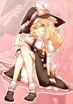  apron bad_id bad_pixiv_id bad_proportions blonde_hair bloomers blush bobby_socks braid hair_ribbon hat hat_ribbon highres kirisame_marisa long_hair mary_janes non_(z-art) ribbon shoes side_braid sitting socks solo touhou underwear waist_apron white_legwear witch_hat wrist_cuffs yellow_eyes 