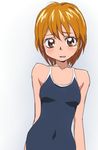  bare_shoulders blush breasts brown_eyes brown_hair cleavage competition_school_swimsuit covered_navel embarrassed futari_wa_precure manji_(tenketsu) misumi_nagisa one-piece_swimsuit precure school_swimsuit short_hair small_breasts smile solo swimsuit 