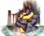  anthro anubian_jackal anubis avian bath biceps big_muscles black_fur blue_eyes butt canine deity detailed feathers fur gay hawk horus hug interspecies jackal looking_at_viewer looking_back male mammal muscles nipples nude null-ghost pecs red_eyes seductive sitting size_difference standing tail_feathers water waterfall wet yellow_fur 
