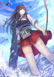  a6m_zero akagi_(kantai_collection) archery arrow ass_visible_through_thighs bow_(weapon) brown_eyes brown_hair cloud day gloves hakama_skirt highres japanese_clothes kantai_collection koruse kyuudou long_hair muneate ocean partly_fingerless_gloves side_ponytail single_glove skirt solo thighhighs water weapon white_legwear yugake 