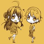  ahoge casual chibi hairband hand_in_pocket hiei_(kantai_collection) kantai_collection kongou_(kantai_collection) kouji_(campus_life) long_hair looking_at_viewer lowres monochrome multiple_girls open_mouth short_hair smile spot_color yellow 