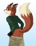  anthro black_nose brown_fur butt canine clothing colored cub fox fur green_shirt kurapika looking_at_viewer male mammal mooning pants plain_background plain_backgrounf shirt smile solo teeth white_fur young 