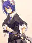  eyepatch fingerless_gloves gloves kantai_collection kobaji necktie purple_hair smile solo sword tenryuu_(kantai_collection) weapon yellow_eyes 