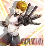  black_sclera blonde_hair clenched_hand copyright_name cyborg genos kyoutego male_focus mechanical_arms one-punch_man outstretched_hand polo_shirt solo yellow_eyes 