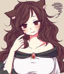  animal_ears bianco_(mapolo) breasts brooch brown_hair collarbone curly_hair dress eyelashes finger_to_face fingernails frilled_sleeves frills imaizumi_kagerou jewelry large_breasts long_fingernails long_hair looking_at_viewer nail_polish off_shoulder red_eyes solo touhou upper_body wavy_mouth white_dress wolf_ears worried 