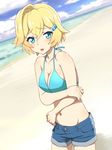  beach bikini blonde_hair blue_eyes denim denim_shorts groin jewelpet_(series) lady_jewelpet meow_(nekodenki) mizuki_(lady_jewelpet) short_hair shorts solo swimsuit 