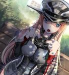  akasaai bare_shoulders bench bismarck_(kantai_collection) blonde_hair blue_eyes blush breasts dappled_sunlight detached_sleeves dutch_angle hat kantai_collection large_breasts long_hair looking_at_viewer military military_hat military_uniform mimikaki open_mouth park_bench peaked_cap sitting solo sunlight sweatdrop uniform 