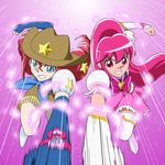  aino_megumi angry blue_eyes boots bow brooch brown_skirt clenched_hands clenched_teeth cowboy_hat cure_lovely fringe_trim full_body happinesscharge_precure! hat jewelry long_hair magical_girl moritakusan multiple_girls petals pink_background pink_bow pink_hair pink_skirt ponytail precure puffy_sleeves punching red_eyes red_hair red_haired_cure_(bomber_girls_precure)_(happinesscharge_precure!) ribbon skirt star symmetry teeth thigh_boots thighhighs twintails white_legwear wide_ponytail 